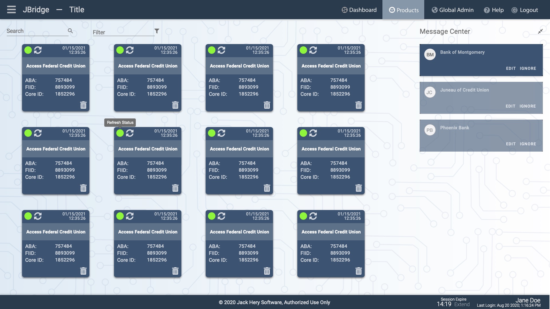 JBridge dashboard showing financial-institution status cards and a message center