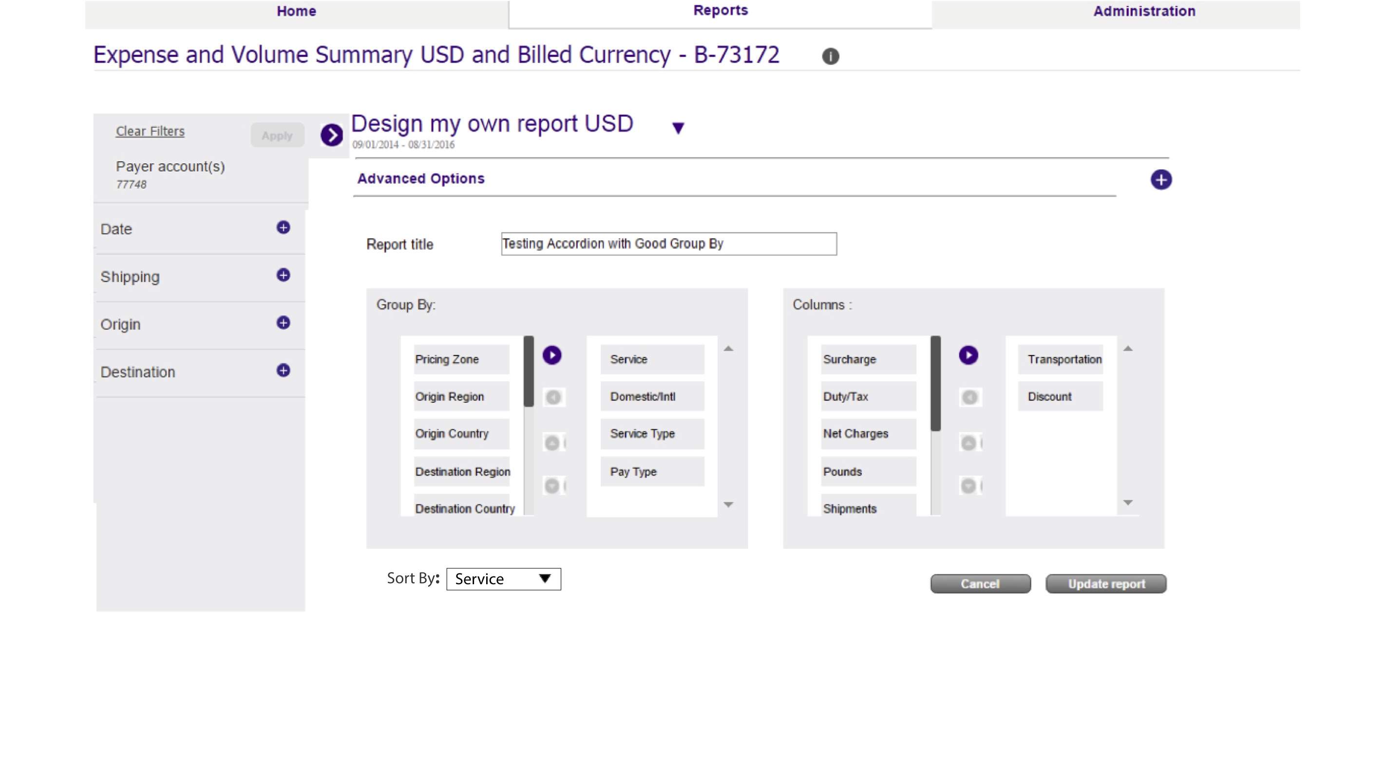 Wireframe of a FedEx report builder with filters and group-by and column pickers