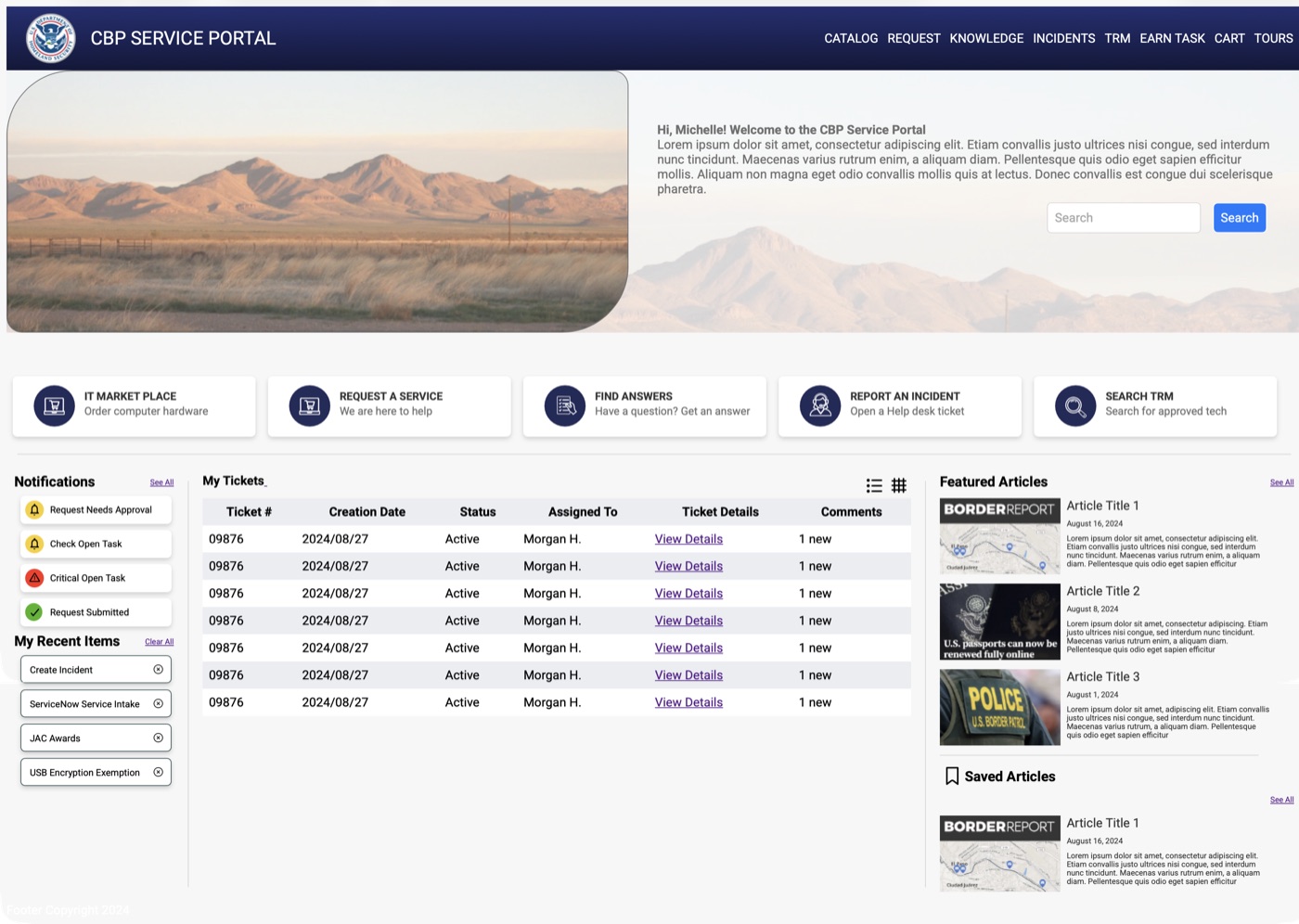 Service portal home page with quick actions, tickets and featured articles