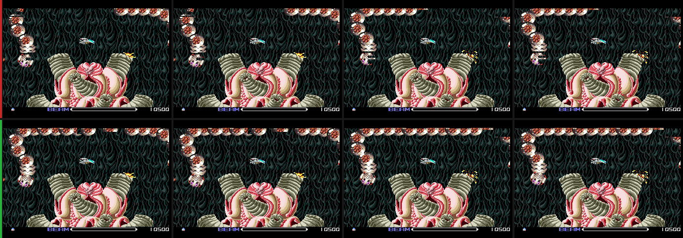 Four consecutive frames of the stage 2 boss fight. Top row, original PC Engine: segments of the snake circling the boss are missing, different ones in each frame. Bottom row, SuperGrafx port: the whole snake is drawn in every frame.