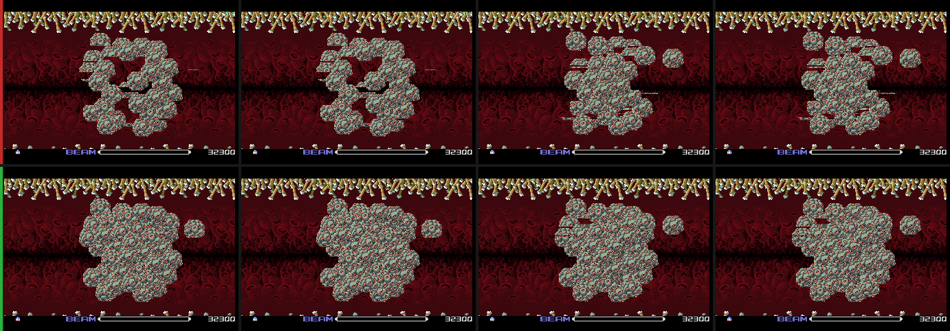 Four consecutive frames of the stage 5 spore cluster. Top row, original PC Engine: the cluster is torn by horizontal gaps that move every frame. Bottom row, SuperGrafx port: the cluster stays almost completely solid.